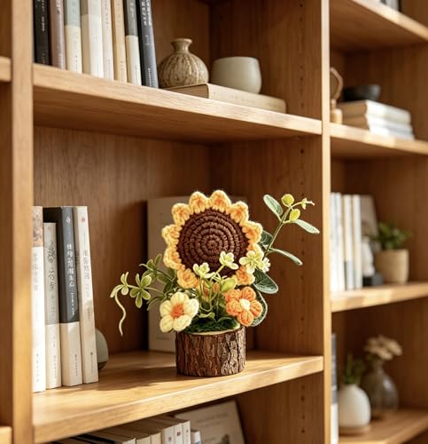 Andvon Crochet Sunflower Bouquet with Wood Base, Mini Desk Decor Gift