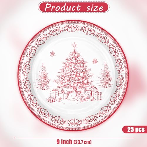Christmas Paper Plates 25 Pack - 9 Inch Red Sketch Christmas Tree Disposable Dinnerware for Holiday Party