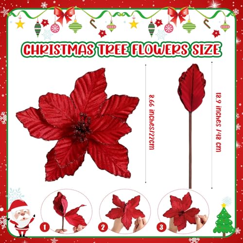 Red Artificial Christmas Poinsettia Flowers Set of 16 - Large Velvet Holiday Decor