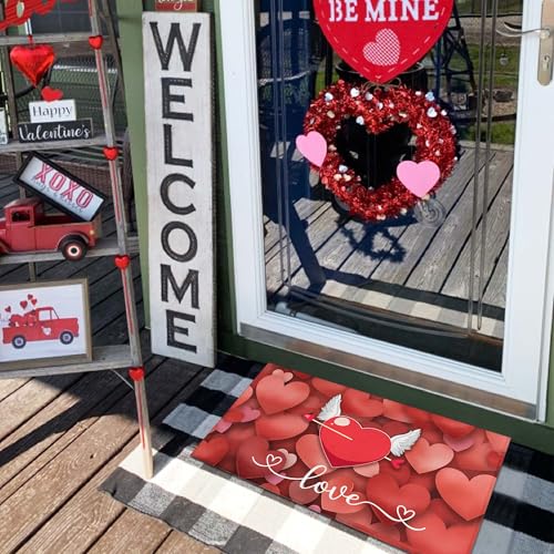 Red Love Heart Valentine's Day Doormat 30"x17" – Non-Slip, Durable