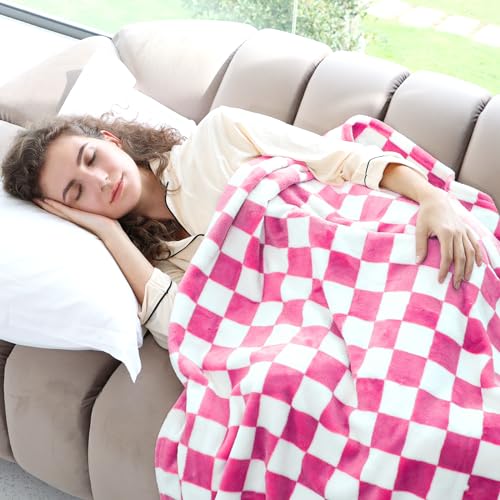 LOKOZ Pink Checkered Fleece Throw Blanket, Soft Fuzzy Lattice, 40"x50"