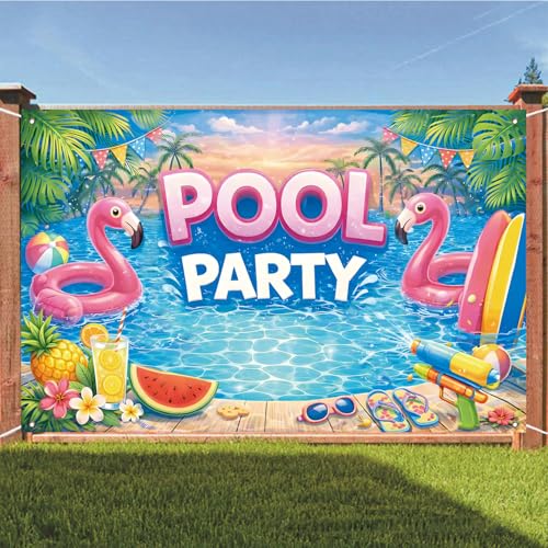 Pink Flamingo Pool Party Backdrop Banner - 71 x 43 Inch