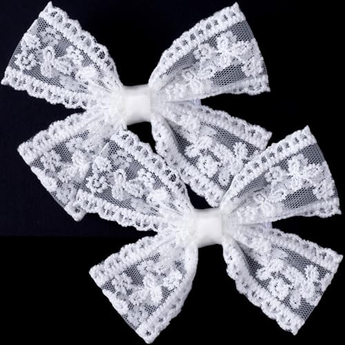 White Lace Hair Bow Clips - 2Pcs Small Mesh Bowknot Barrettes for Women