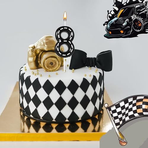 Racing Car Number 8 Birthday Candle Black and White Stripe