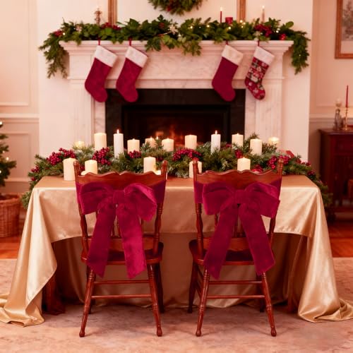 Christmas Velvet Chair Sashes - Red Bow Set of 8 - 15.7x23.6 Inches with Elastic Bands - Holiday Party Decor