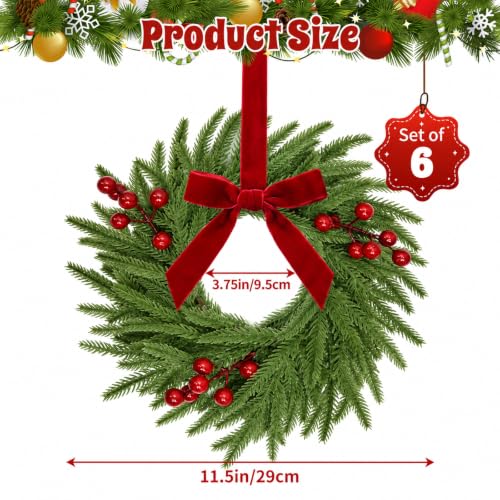 Mini Christmas Wreaths for Cabinets - Norfolk Style, 6 Pack, 11.5 Inches