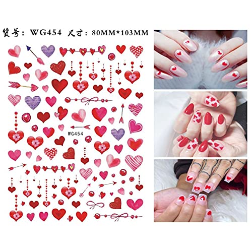 Valentine Hearts Nail Art Stickers 3D Self Adhesive Red Love Decals 6 Sheets