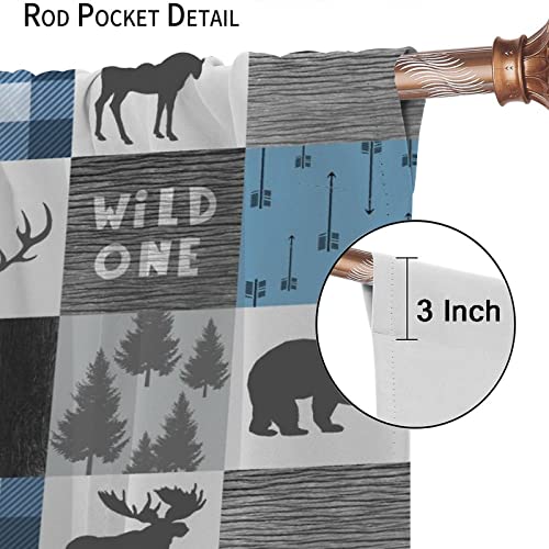 Moose Bear Bedroom Curtains - 26x84 Inch Pack of 2, Grey Blue Plaid Deer Silhouette Room Darkening Drapes, Holiday Christmas Decor
