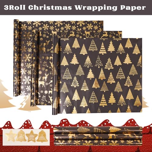 Black Gold Christmas Wrapping Paper Roll Set - 3 Rolls, 17x118 in