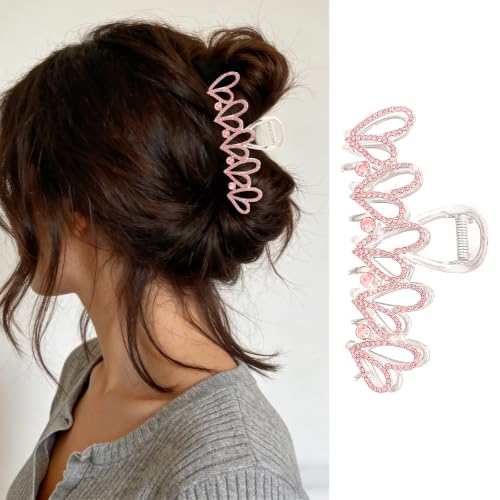 Pink Rhinestone Heart Large Hair Claw Clip for Women