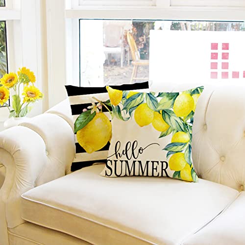 Lemon Watercolor Stripes Throw Pillow Covers Set of 4 - 18x18 Inch