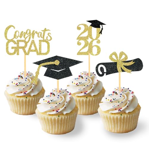 Black Gold Graduation Cupcake Toppers - Class of 2026, 24 Pack