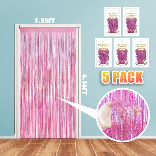 SIOMEIRY 5 Pack Glitter Pink Tinsel Fringe Curtains for Parties & Photo Booths, 3.28ft x 6.56ft
