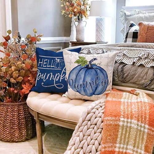 Blue Pumpkin Fall Pillow Covers 18x18 Inch, Set of 4 Buffalo Plaid Autumn Decor