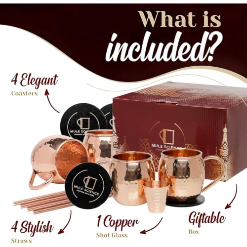Copper Moscow Mule Mug Set of 4 - 19 oz Hand-Hammered Copper Barware with Reusable Straws, Jigger & Coasters