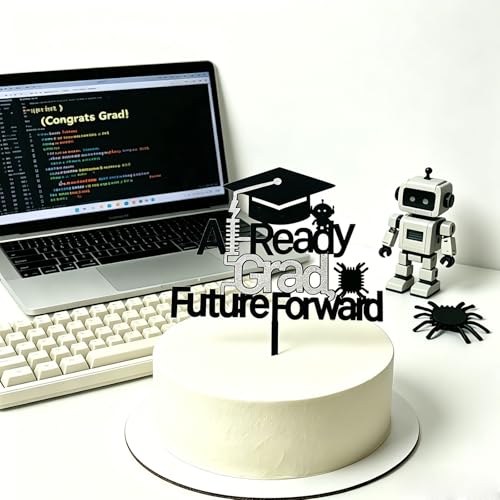 AI Tech Graduation Cake Topper - Black Acrylic STEM Party Decor