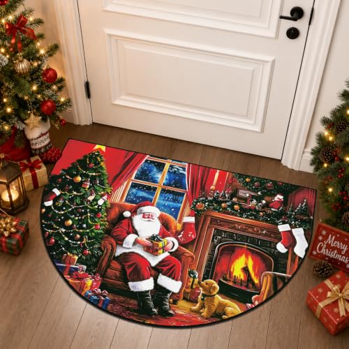 Christmas Entryway Rug 2x3 Half Circle Santa Claus Door Mat - Red, Washable, Non Slip