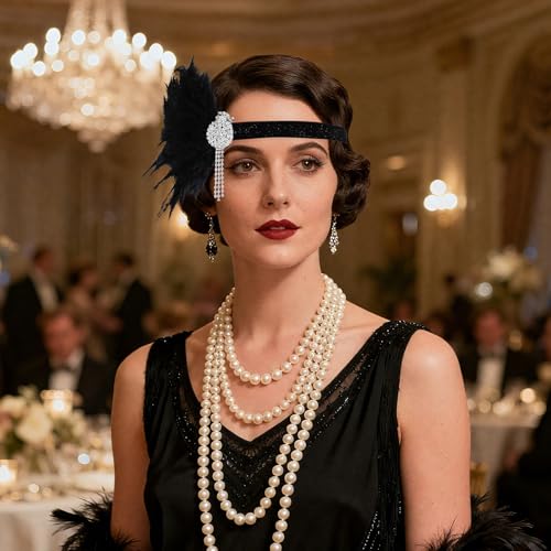Black 1920s Flapper Headband Feather Headpiece for Women