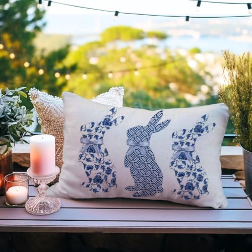 Blue Bunny Decorative Pillow Cover 12x20 Inch - Easter Chinoiserie