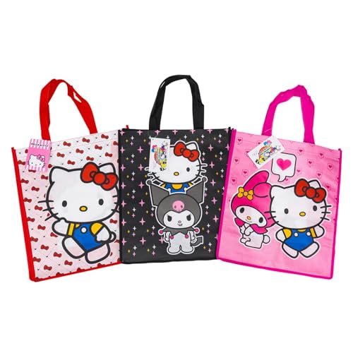 Hello Kitty Reusable Tote Bags Set - 3 Pack, 16-Inch, Pink & Black