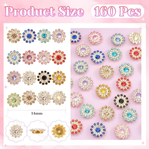 160 PCS 14mm Mixed Color Sew-On Rhinestones for Crafting