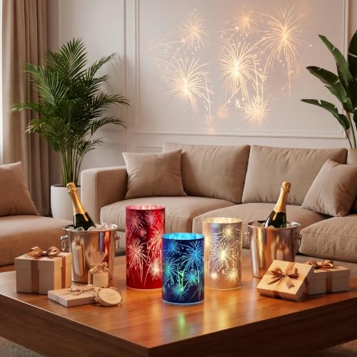 Patriotic Firework Lanterns Set of 3 with RGB LED Lights - Red, White & Blue