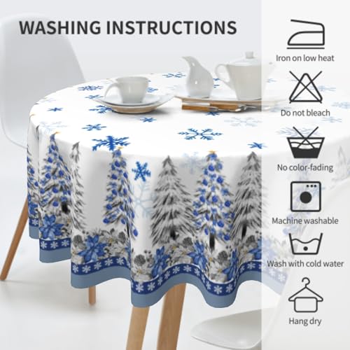 Giwawa Christmas Round Tablecloth 60 Inch Blue Xmas Trees Poinsettia Snowflakes Holiday Decor Variation of Xmas Trees / One Size