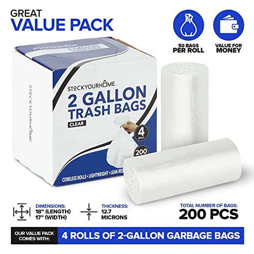 Stock Your Home Clear 2 Gallon Trash Bags - 200 Pack, Leak Proof