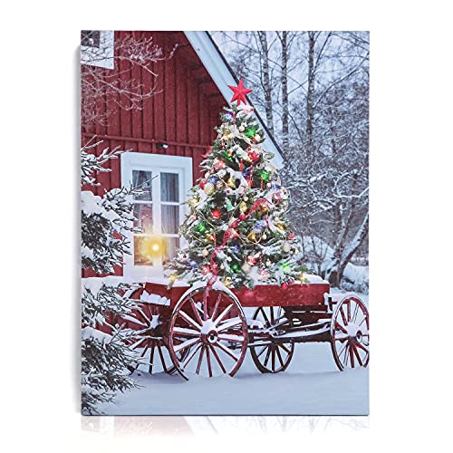 Christmas LED Lighted Canvas Wall Art - Snow House & Tree Scene - Red Variation