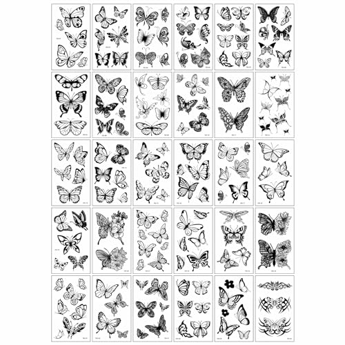 Black Butterfly Flower Temporary Tattoos 30 Sheets 3D Waterproof Body Art