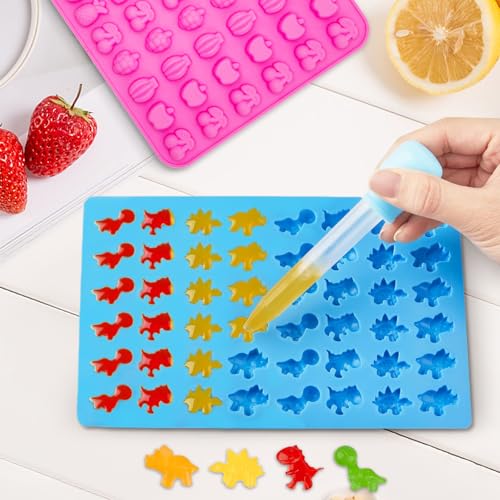 3Pcs Silicone Gummy Candy Molds Set - Bear, Dinosaur & Fruit Shapes w/ Droppers