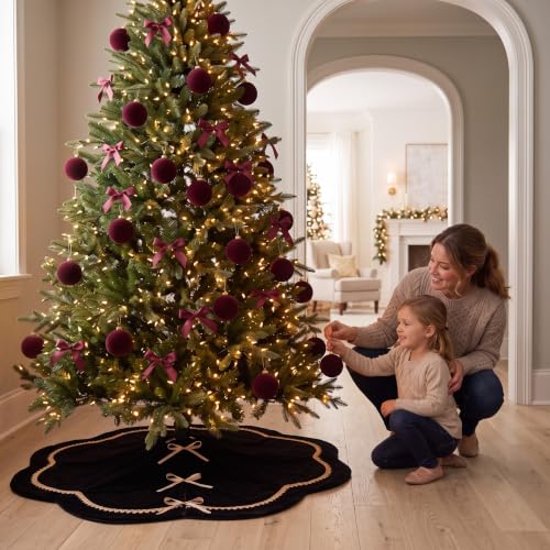 Christmas Tree Skirt Velvet 60 Inch Black Scalloped Edge with Gold Lace