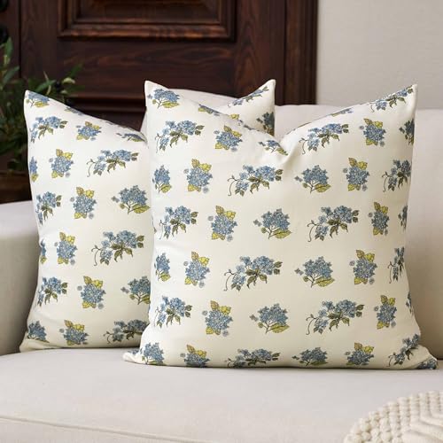 SLIITIM Hydrangea Floral Cotton Pillow Covers 18x18 Inch Set of 2, Soft Home Decor