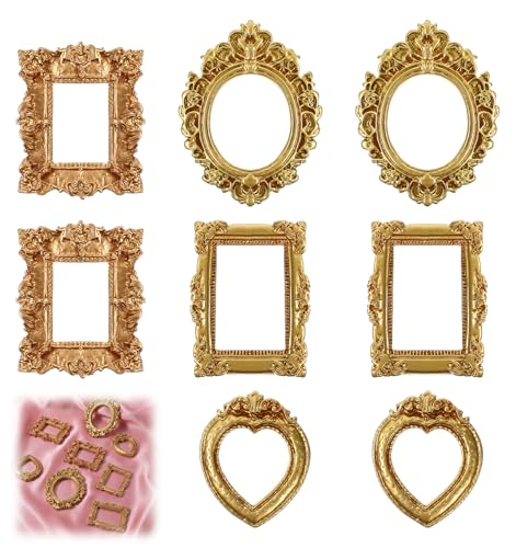 8 Pcs Mini Vintage Gold Picture Frames Set - Oval, Rectangle & Heart Shapes