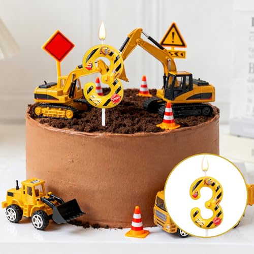 Penitue Construction Number 3 Birthday Candle, Yellow and Black Striped Cake Topper