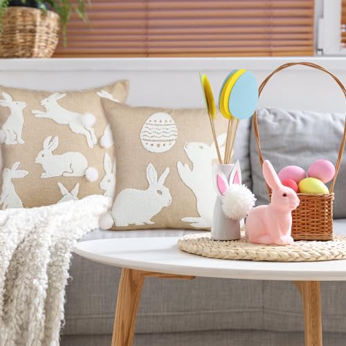 Easter Bunny Linen Throw Pillow Covers 18x18 Inch - Set of 2