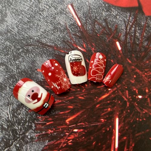 KKUUOO Christmas Press on Nails Square Glossy False Nails Santa Claus Design