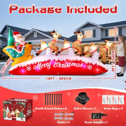 10FT Christmas Inflatable Santa Reindeer Sleigh Outdoor Decor with Rotating LED Lights - Brown