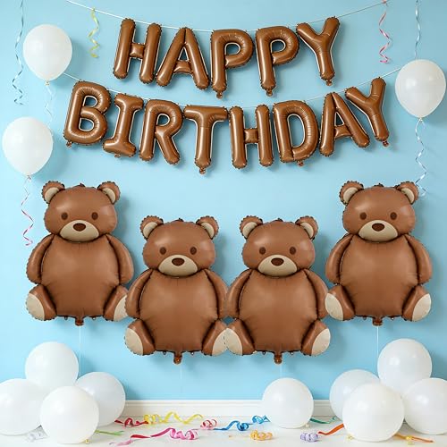 4 Pcs 35-Inch Brown Bear Foil Balloons for Jungle Safari Birthday Party