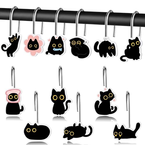MALLMALL6 12-Piece Black Cat Shower Curtain Hooks - Rustproof Decorative Rings