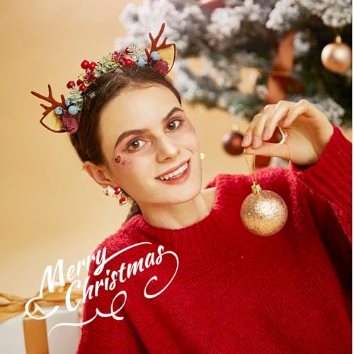 Christmas Reindeer Antlers Headband, Floral Deer Ear Headpiece with Flowers and Berries