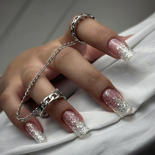 Square Press on Nails Ombre White Fake Nails with Bling Glitter Design