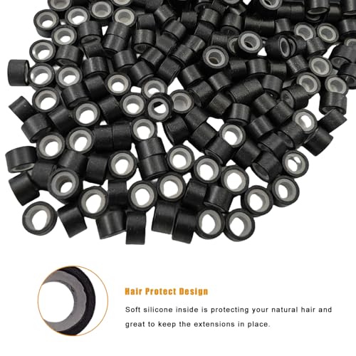 Aouuhe 500 Pcs Silicone Lined Micro Link Rings Beads for Hair Extensions 5mm Black