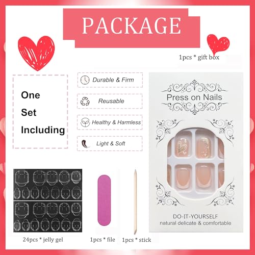 Valentine's Day Short Square Press on Nails with Gold Foil Heart Design
