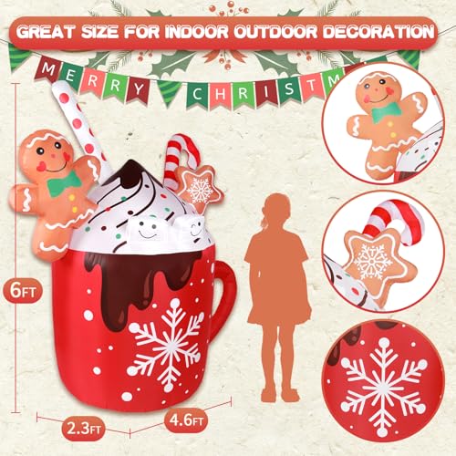 6ft Gingerbread Inflatable Christmas Decorations with Hot Cocoa Mug, Outdoor Yard Decor