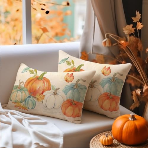 RABUSOFA Fall Lumbar Pillow Covers 12x20, Set of 2 Pumpkin Farmhouse Decor