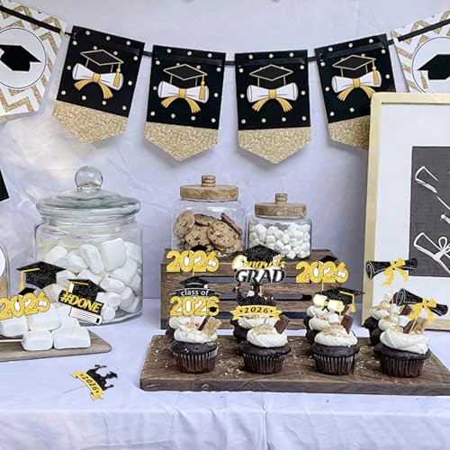 40Pcs Graduation Cupcake Toppers - Class of 2026 Black Gold