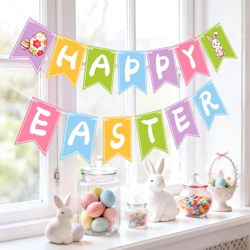 Happy Easter Banner Garland - Pre-Strung Bunny & Egg Decor