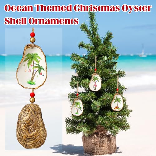 Christmas Oyster Shell Ornaments Set - Resin Decor with Festive Prints