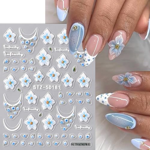 5D Embossed Flower Nail Stickers - 3 Sheets Blue & Pink Spring Floral Decals